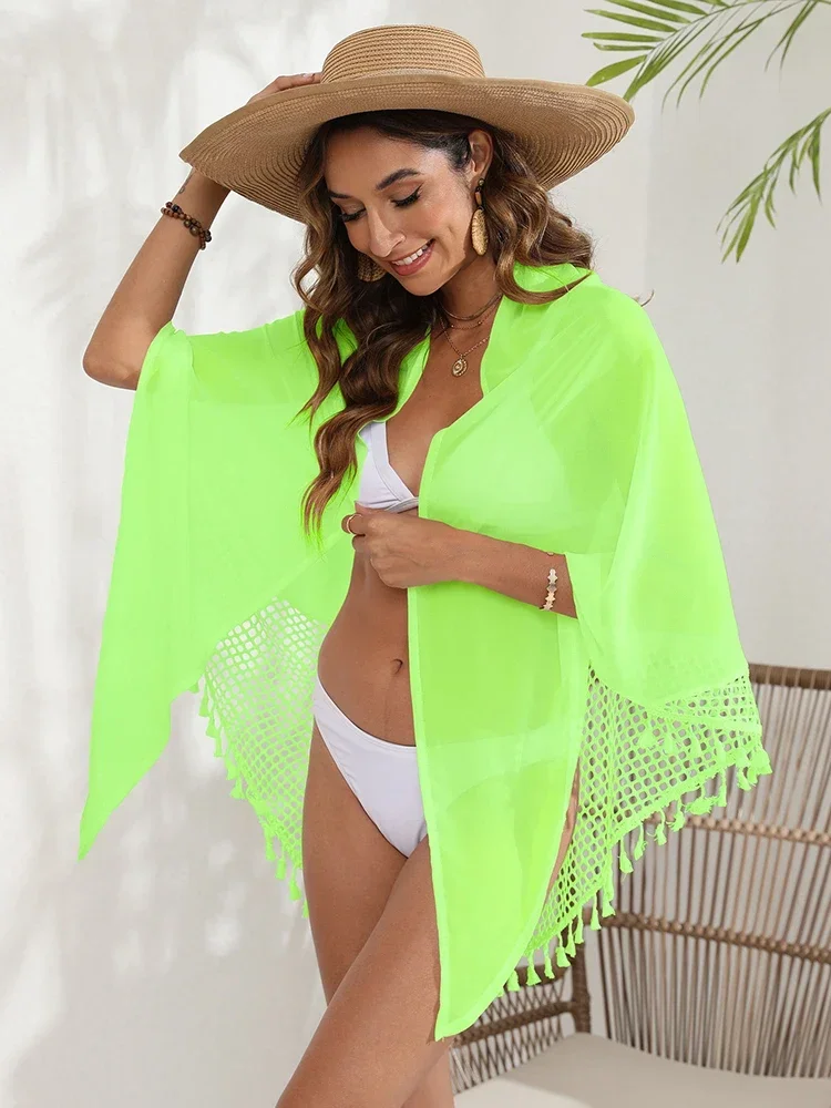 Jupe portefeuille de plage pour femmes, Cover-Up pour maillot de bain, maille épissée, pompon transparent, châle de plage, nouvelle mode d'été, un morceau de tissu, nouvelle collection