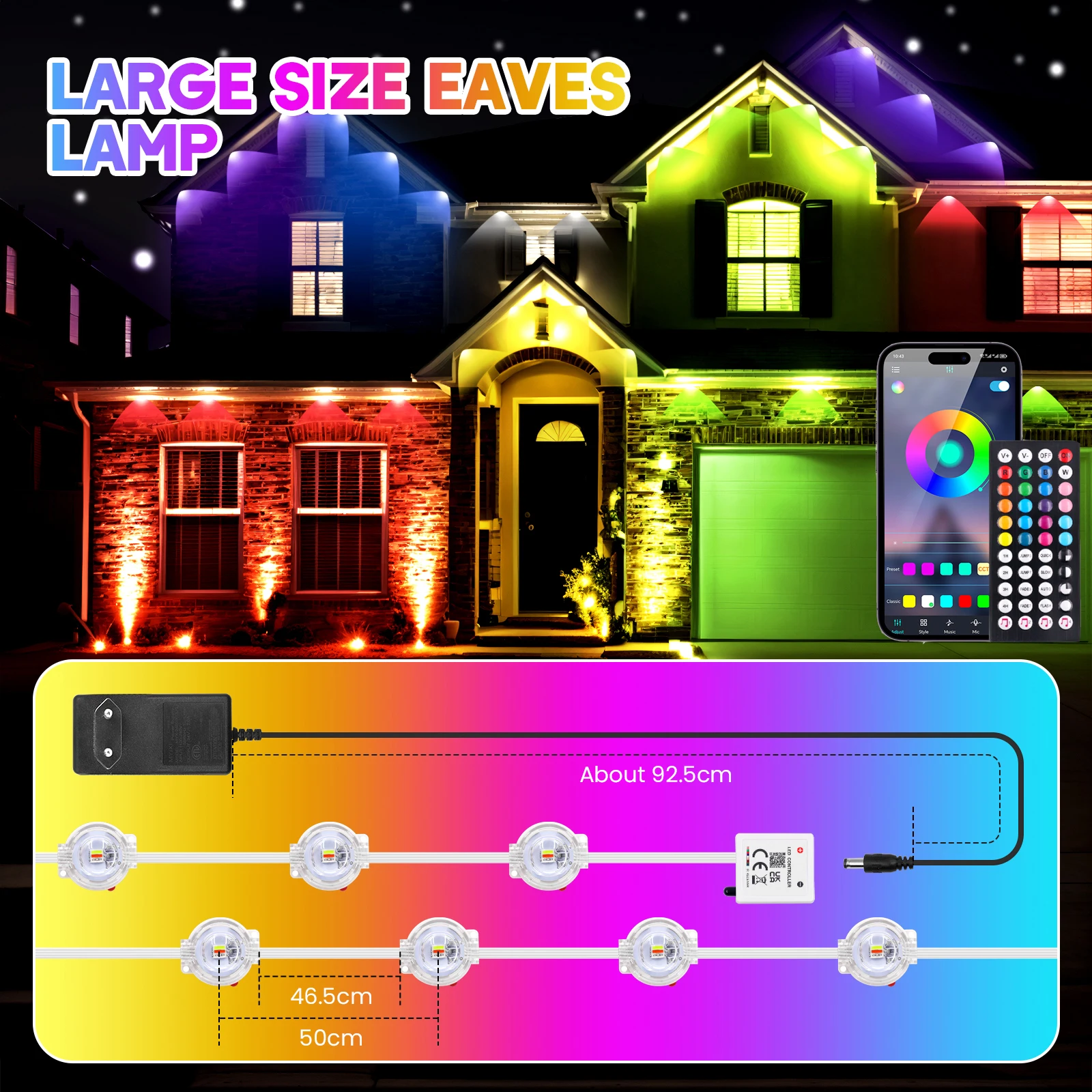 90/30M RGB Eaves LED Lights Permanent Outdoor Lights String APP Bluetooth Light Strip Scene Modes Full House Party Wedding Light