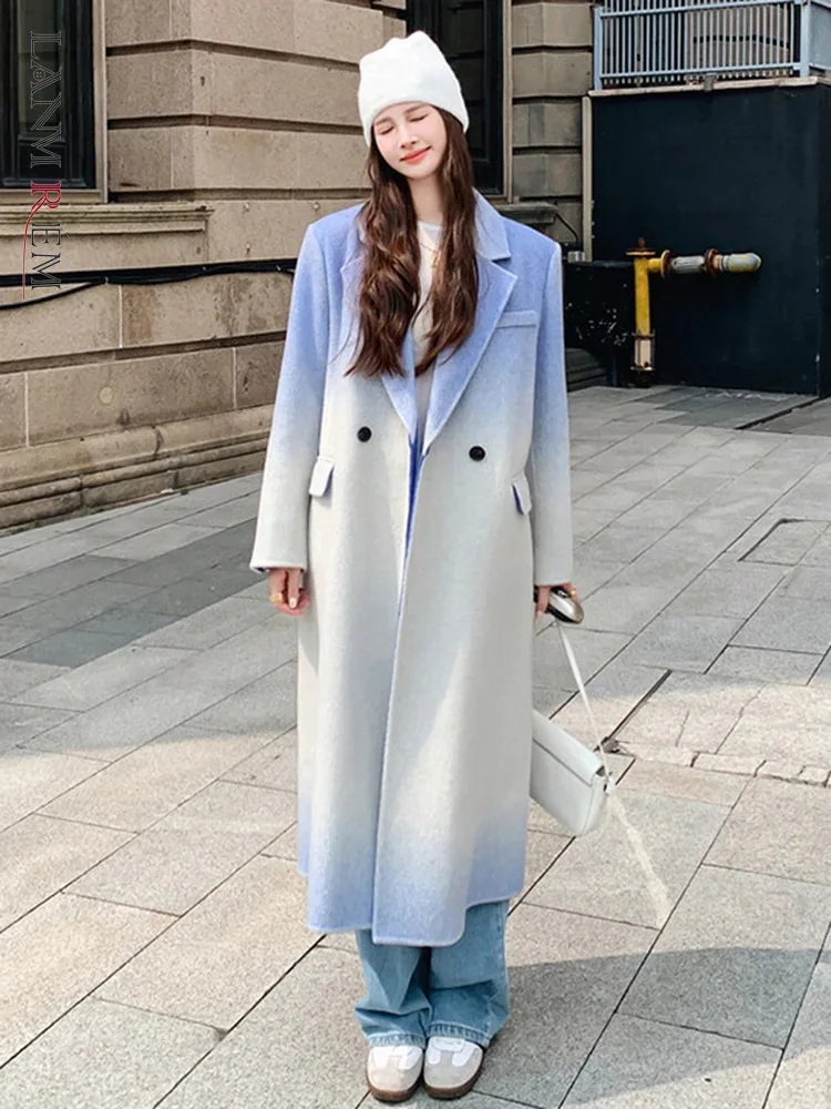 

LANMREM High End Gradient Wool Long Coat Office Lady Notched Collar Double Breasted Jackets Fashion 2024 Winter New 2VV1672