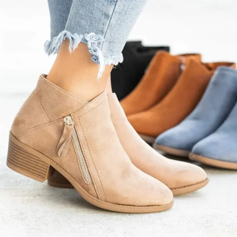 

Classic Women's Boots Side Zipper Thick Heeled Women's Ankle Booties Lightweight Pu Leather Casual Boots for Women Botas Mujer