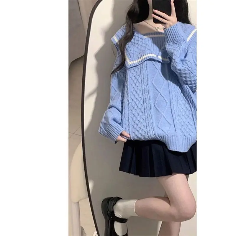 Deeptown Vintage Sailor Collar Women Sweater Preppy Basic Korean Fashion Autumn Knit Pullover Loose Jumper Japanese Aesthetic Jk