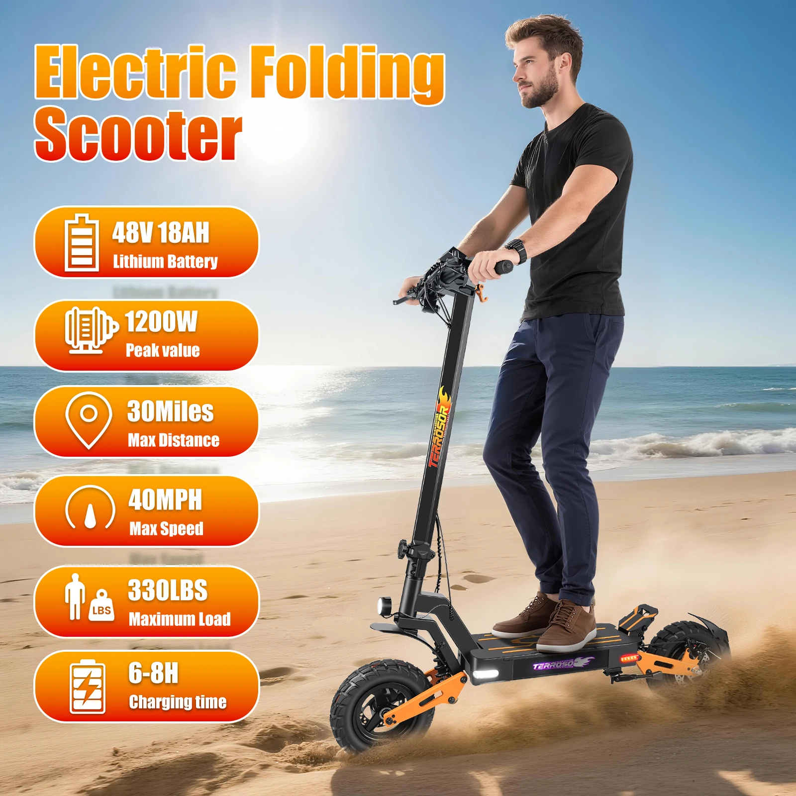 

Electric Scooter 40MPH 1200W Peak Motor 30miles Range 11" Off Road Tire with Dual Absorption Front and Rear Disc Brakes