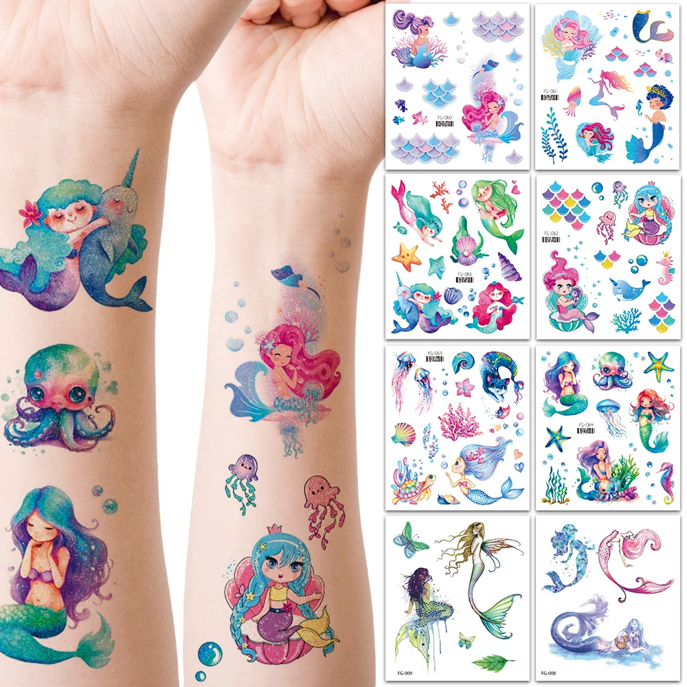 12 Sheets Glitter Unicorn & Mermaid Temporary Tattoo Stickers for Kids Cartoon Tattoos Cute Waterproof Body Art Fake Tattoos