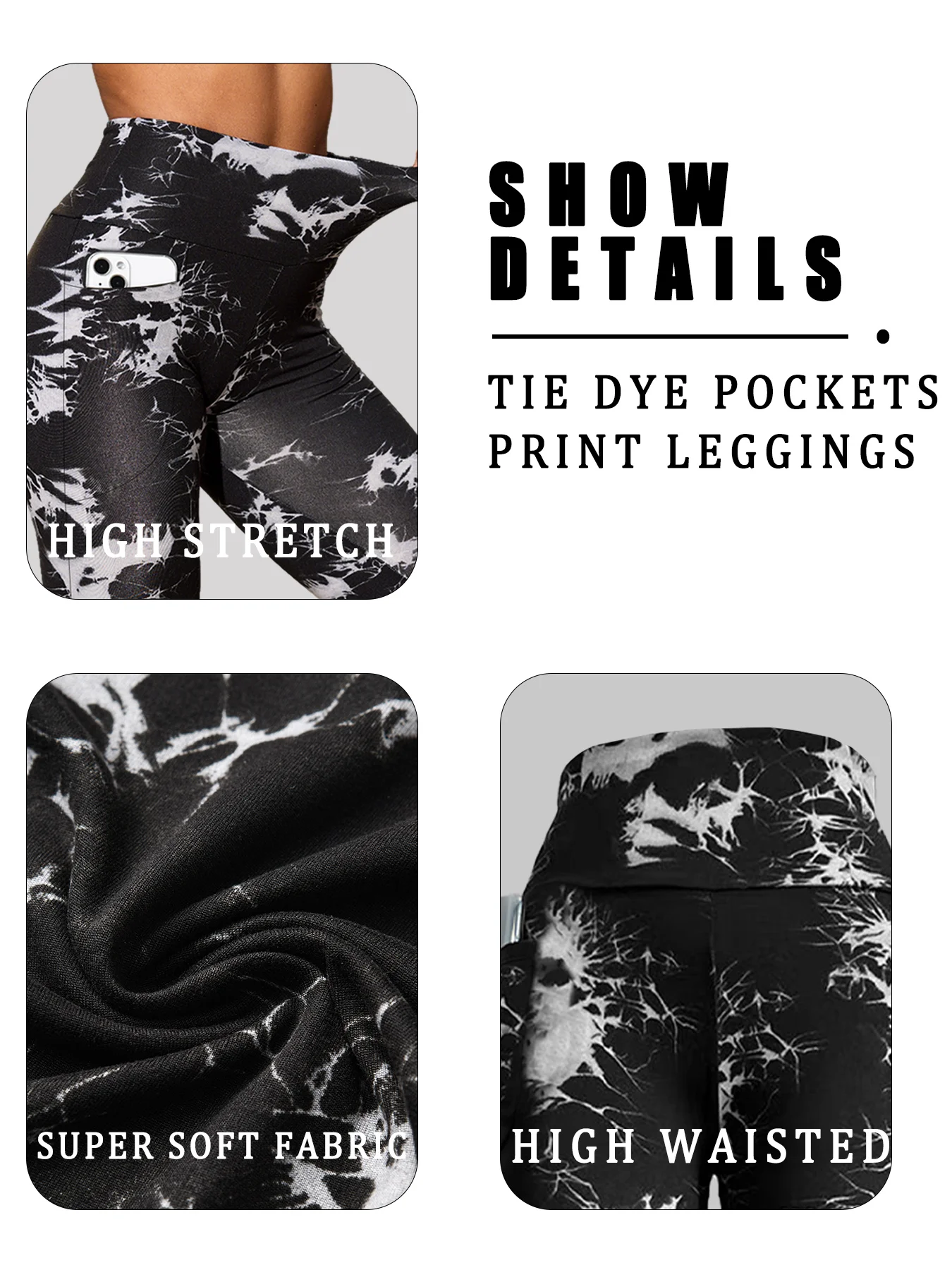 Paquete de 3 mallas súper suaves de cintura alta con estampado Tie Dye y bolsillos para mujer, Control de barriga, sin transparencias, entrenamiento, correr, Yoga