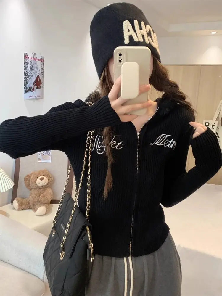 Winter Casual Vintage Long Sleeve Zipper Tops Women Fashion Retro Solid Embroidery Knit Cardigan Chic Patchwork Hooded Sweater