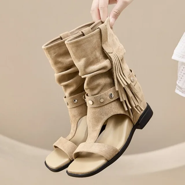 Zapatos de Mujer Estilo Bohemia, Botas de Verano Retro con Punta Cuadrada, Botas de Media Pantorrilla con Punta Abierta, Zapatos de Diseñador, Botas Mujer