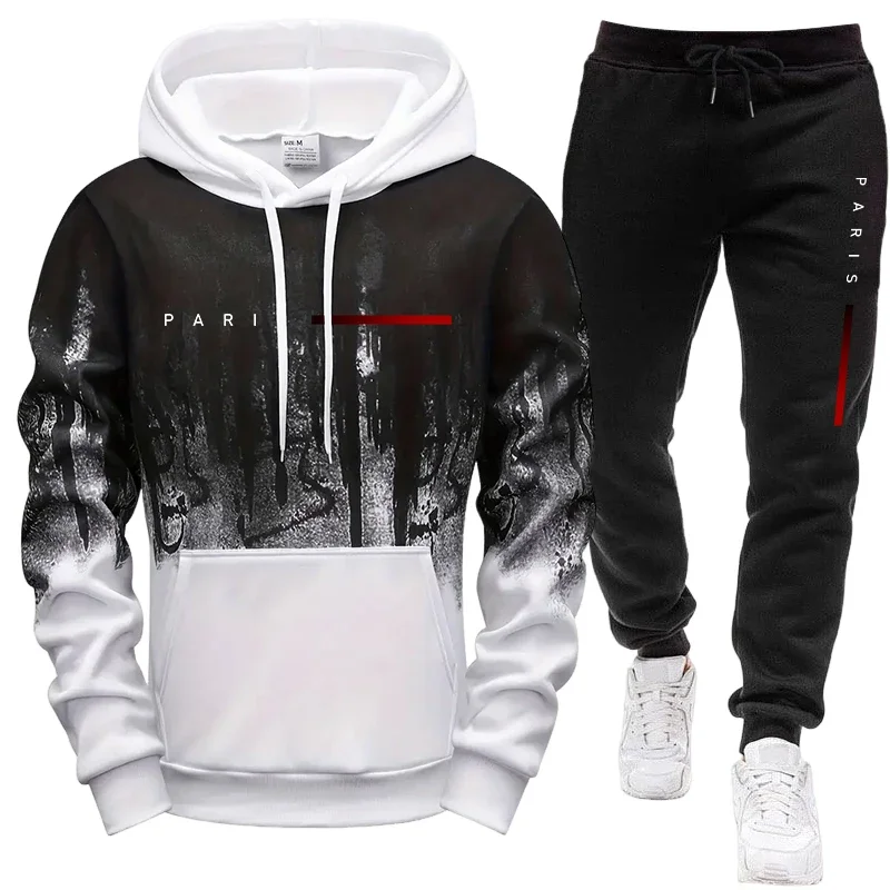 Men's Set/Hoodie/Pants Autumn Winter Paris Casual Fashion Sportswear Hooded Sweatshirt and Sweatpants Outdoor Sports Jogger Suit