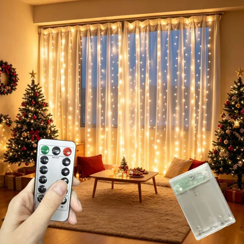 3M Battery Box LED Curtain String Lights Remote 8 Lighting Modes Outdoor Hanging Light for Xmas Halloween Window Wall Room Decor
