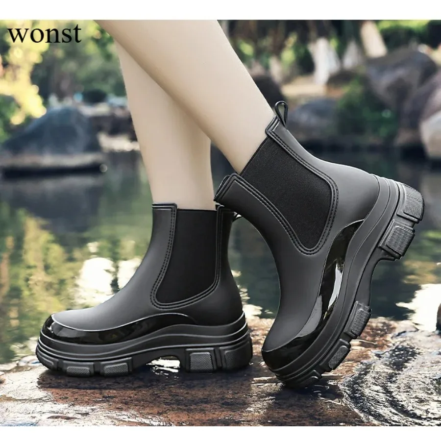Femmes bottes imperméables nouveau Style bouche élastique bottines mi haut chaussures de pluie antidérapant extérieur intérieur Chelsea botte d'eau femme