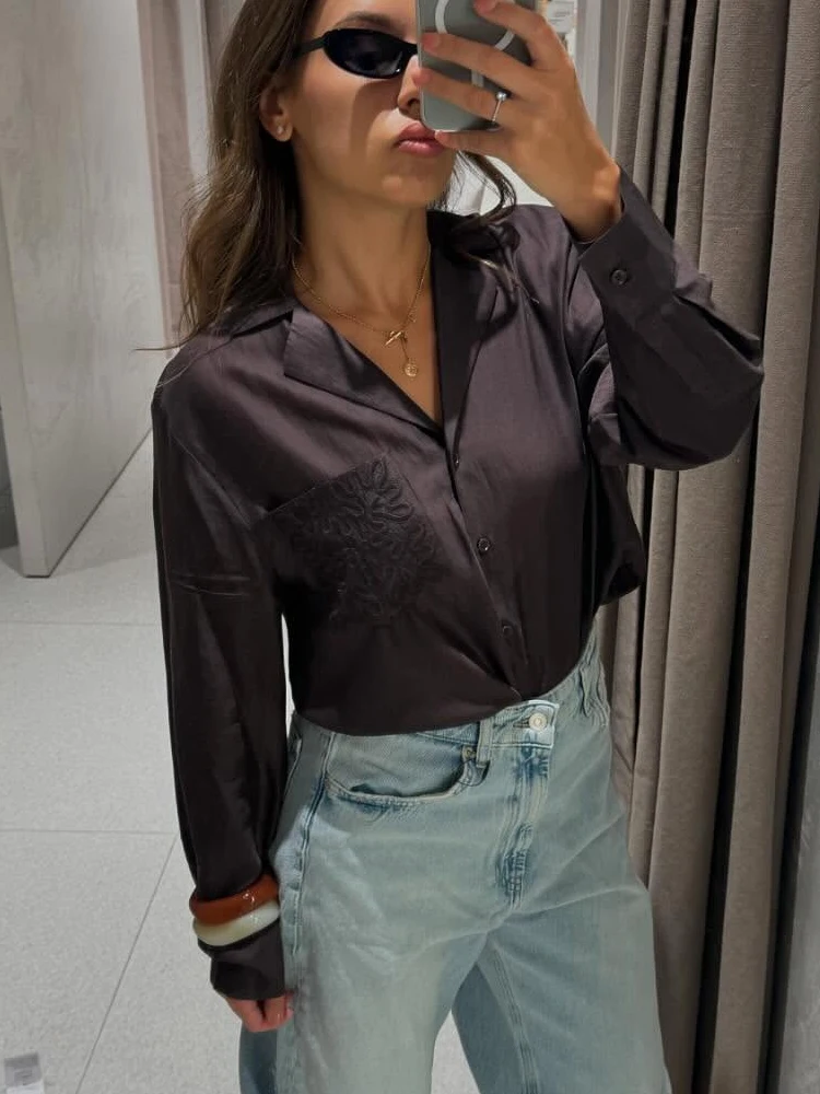 

HH Summer Woman Elegant Single-Breasted Embroidery Decorate Translucent Top 2025 Women Chic Lapel Long Sleeves Loose Shirts