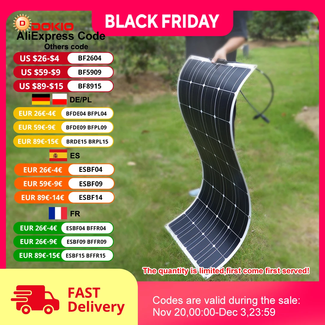 Dokio 12V 100W 유연한 SolarPanel 및 자동차/보트 용 5V USB 태양열 충전기 고품질 휴대용 패널 태양열 100w 중국