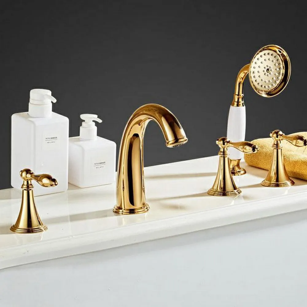 Luxury Gold Color Brass 5piece Bathtub fauce bathroom faucet for hot and cold Mixer tap Sink faucet 3 handle 5 hole Ntf057