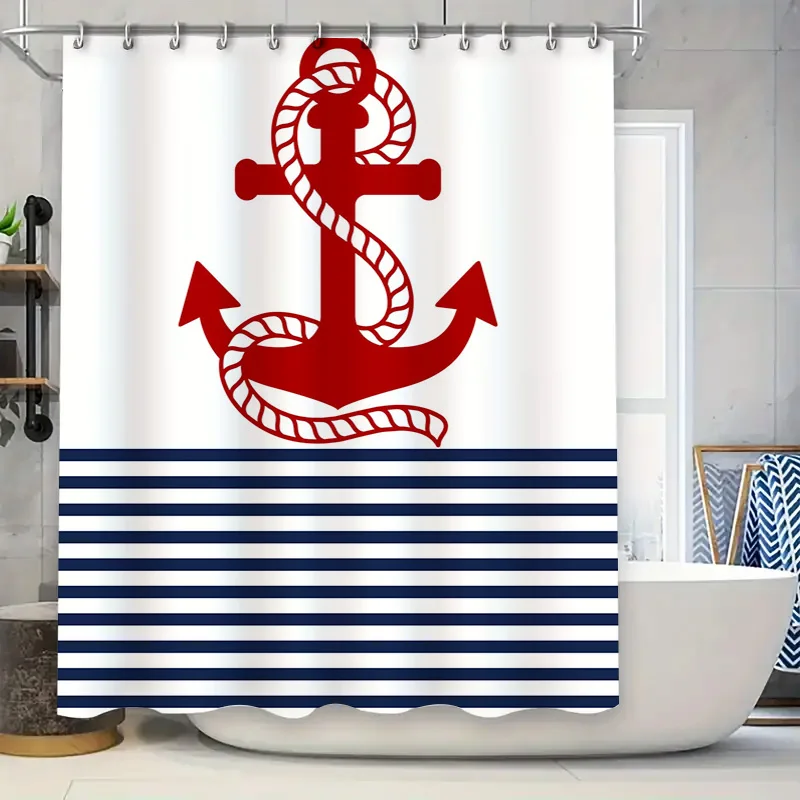 

Занавеска для душа с красным якорем и морскими синими полосками, современный домашний декор, водонепроницаемая ткань, настраиваемый размер (512 символов)