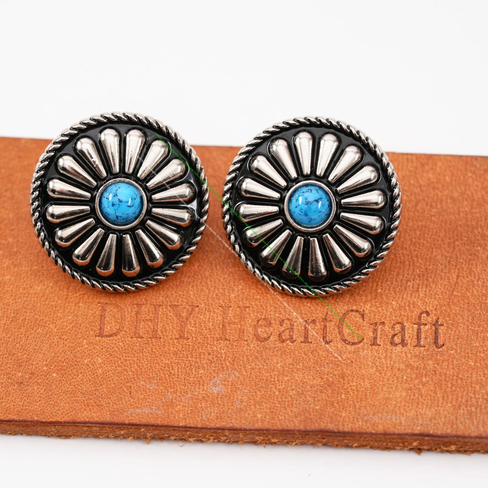 10pc Tribal BlueTurquoise Black Silver Bohemian Flower Leathercraft Saddle Conchos