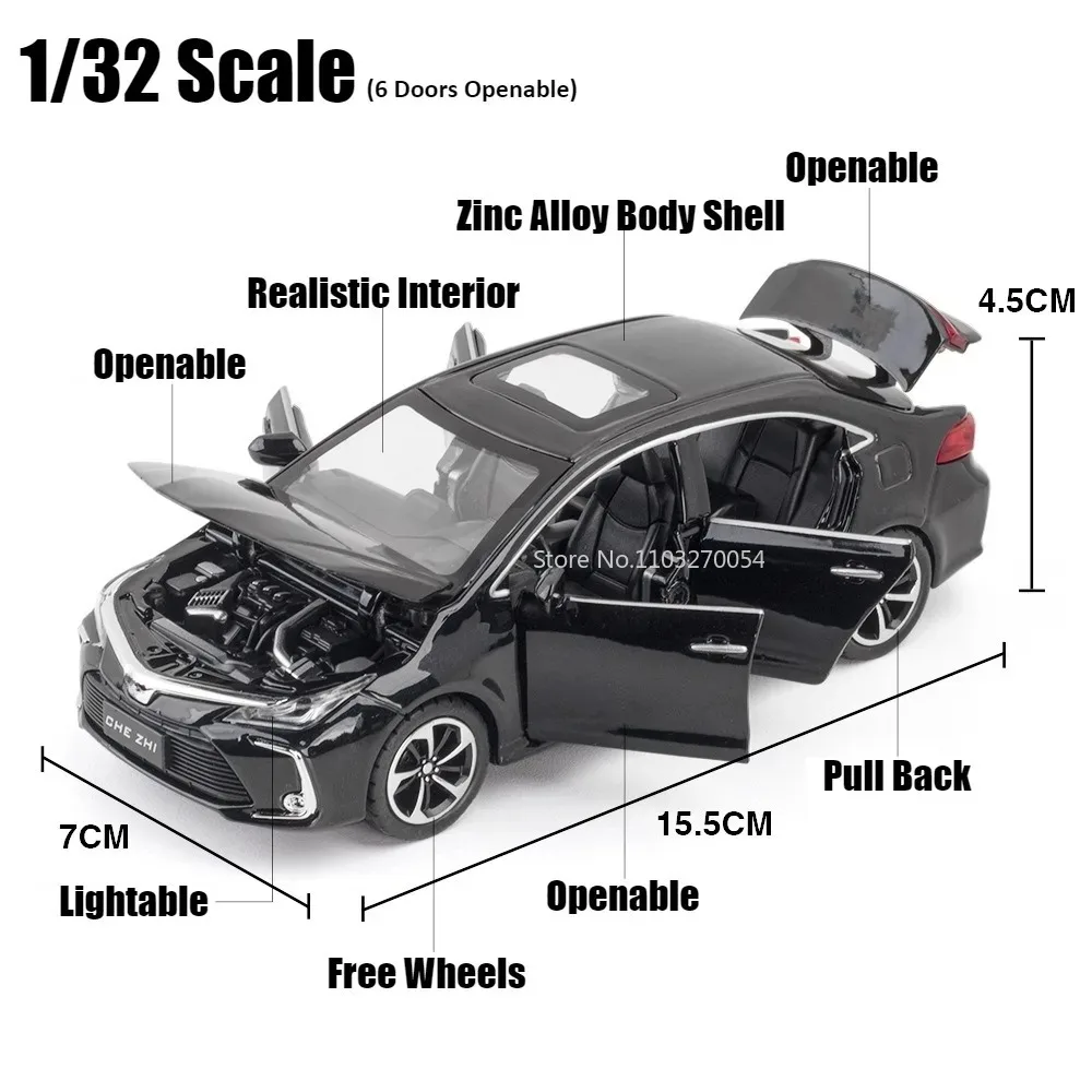 1:32 Corona Corolla Giocattoli Modello di Auto Pressofuso In Lega Veicoli Pneumatici di Gomma 6 Porte Aperta Suono Luce Tirare Indietro Auto Giocattolo per Il Regalo Del Capretto