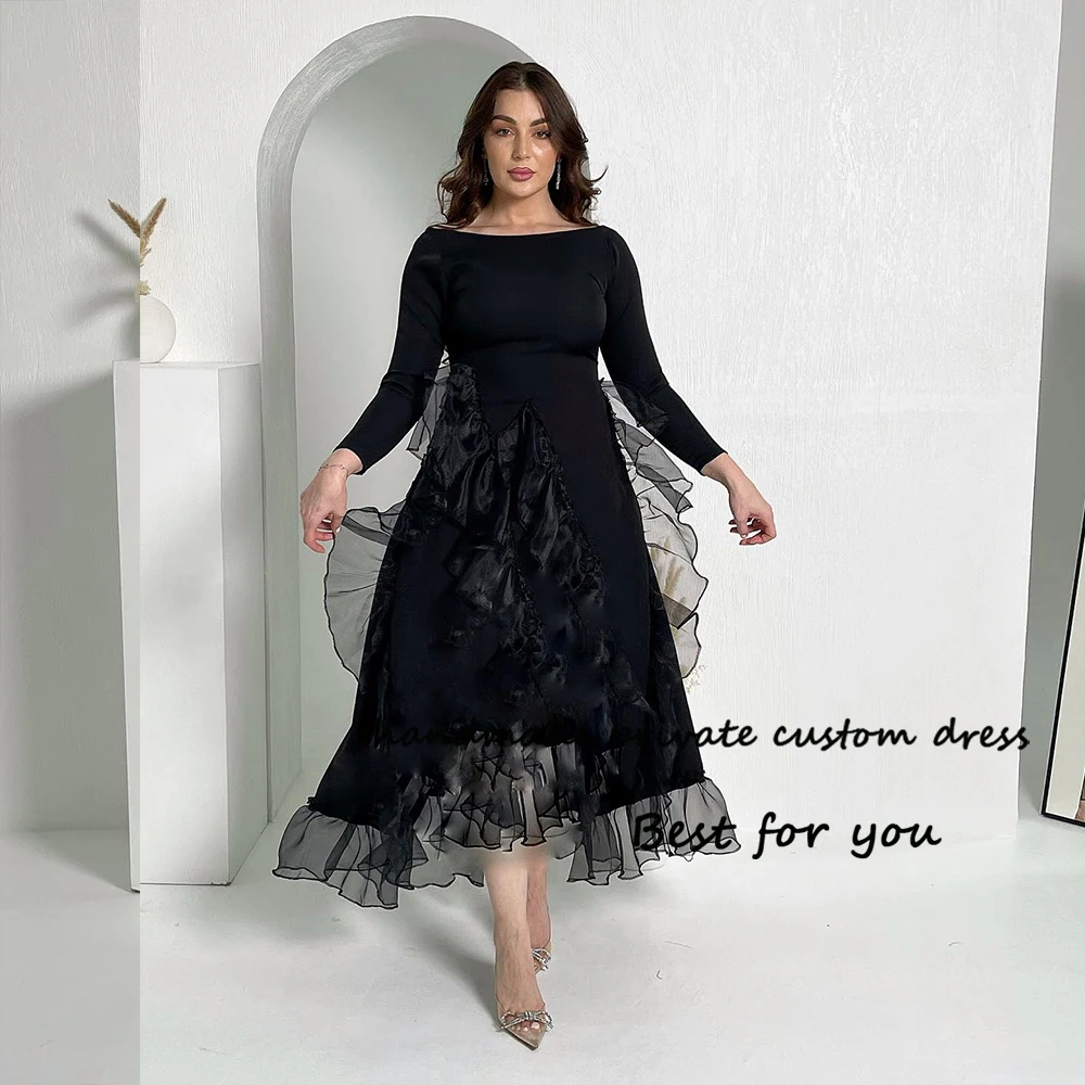 

Black Evening Dresses for Women Long Sleeve O Neck Prom Party Dress Tea Length Arabian Dubai Formal Gowns Outfits