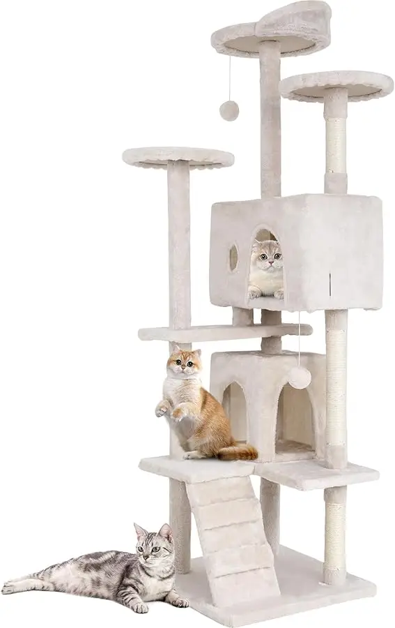 

BestPet | 70" Cat Tree Tower | Cream | Sturdy, Easy to Assemble, Multi-Level Activity Center with Sisal Scratching Posts, Condos