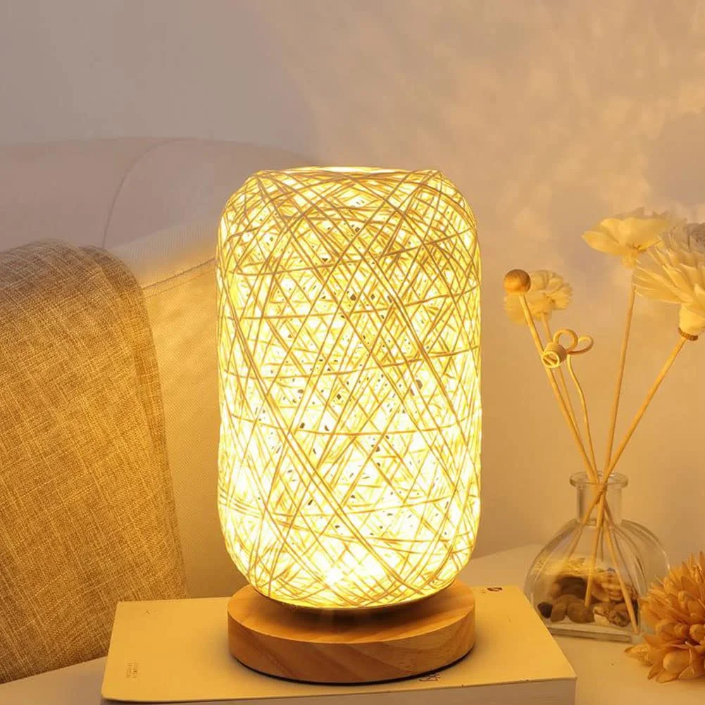 

Handmade Rattan Table Lamp with Wooden Base Touch Control Rechargable Night Light Decoration for Bedside Living Room Study Desk