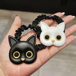 Einfache Nette Schwarz Und Weiß Kätzchen Haar Seil Großen Augen Katze Haar Krawatten Elastische Kopf Bands Für Frauen Mädchen Cartoon acrylci Seil