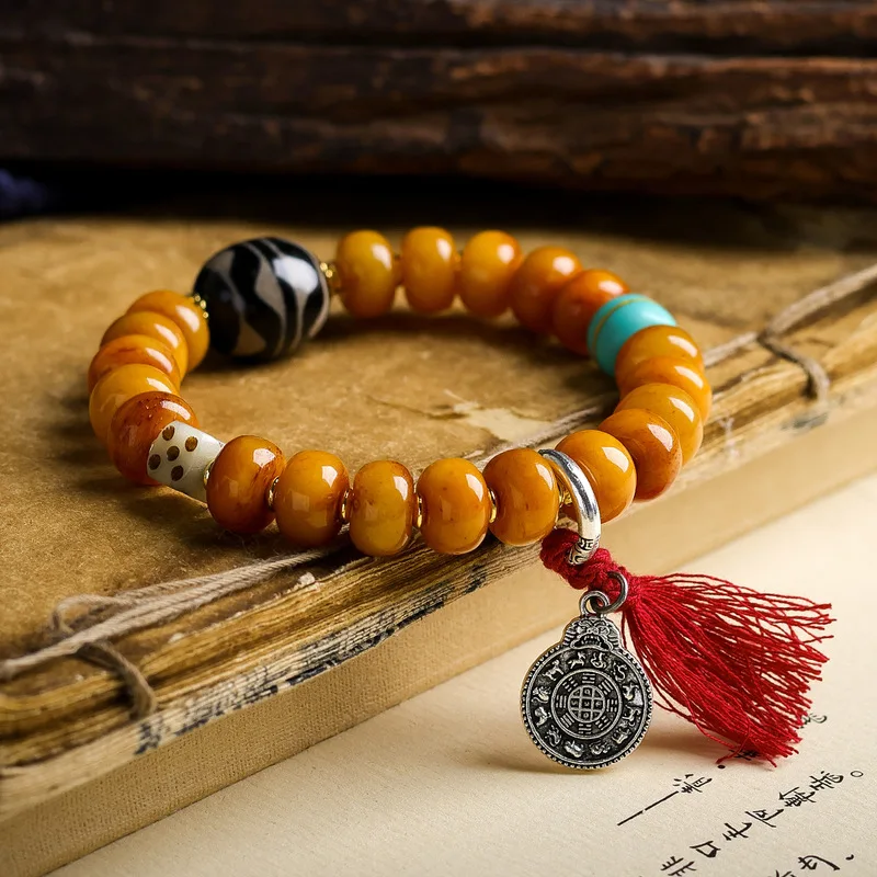 Tibetan-style bone abacus bead with double tiger tooth Dzi beads, original cultural artifact nine palace dice bracelet