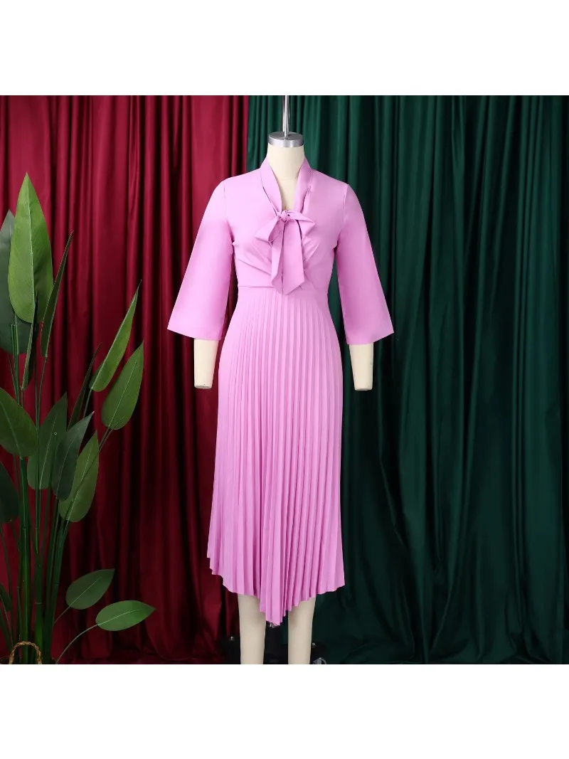 

Элегантные плиссированные платья для женщин с бантом на воротнике, длинными рукавами, завышенной талией, асимметричной длиной до середины икры, модное женское платье для дня рождения или вечеринки