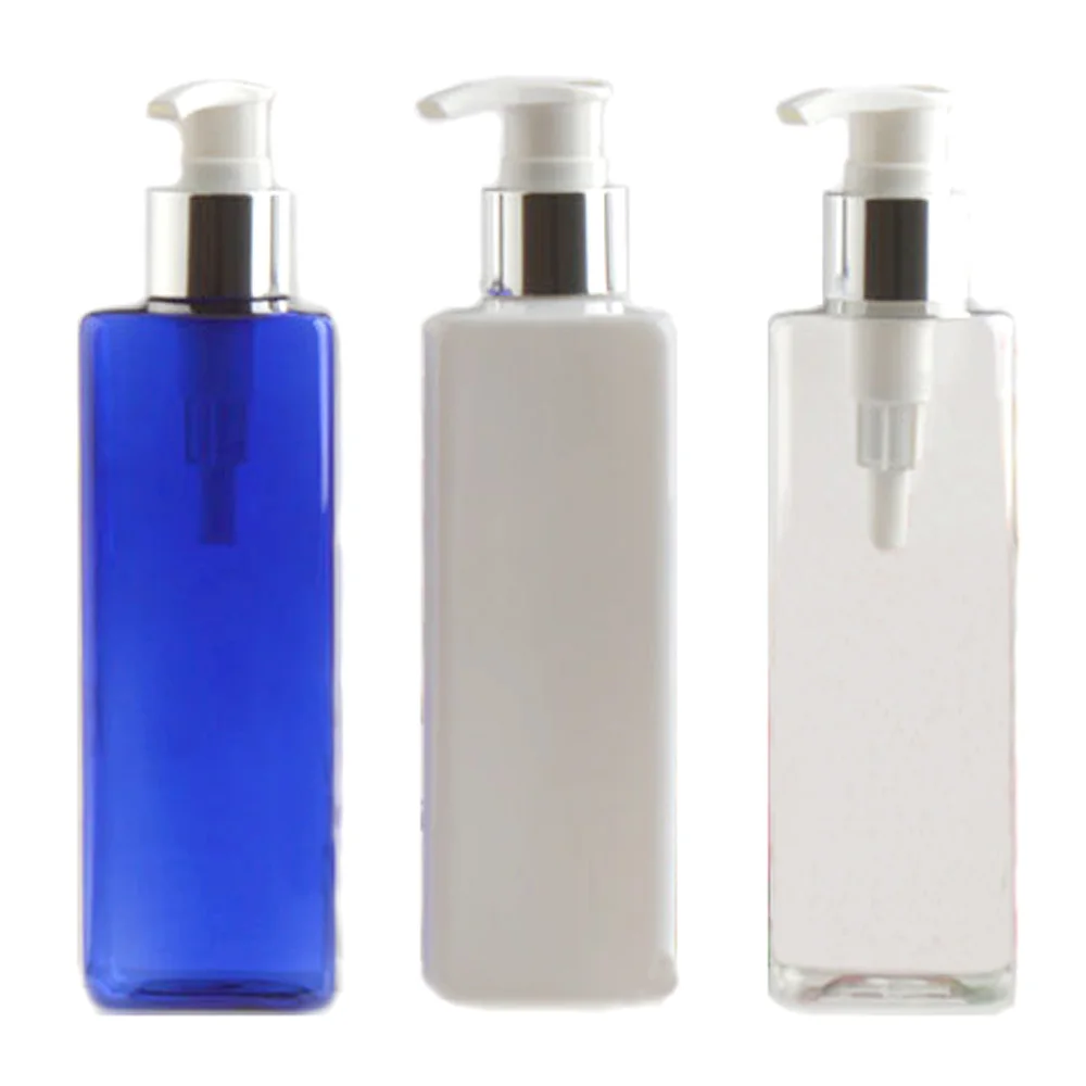 

250ml white&blue&transparency color Square Refillable Squeeze PET Portable plastic lotion bottle with Silver color pump sprayer