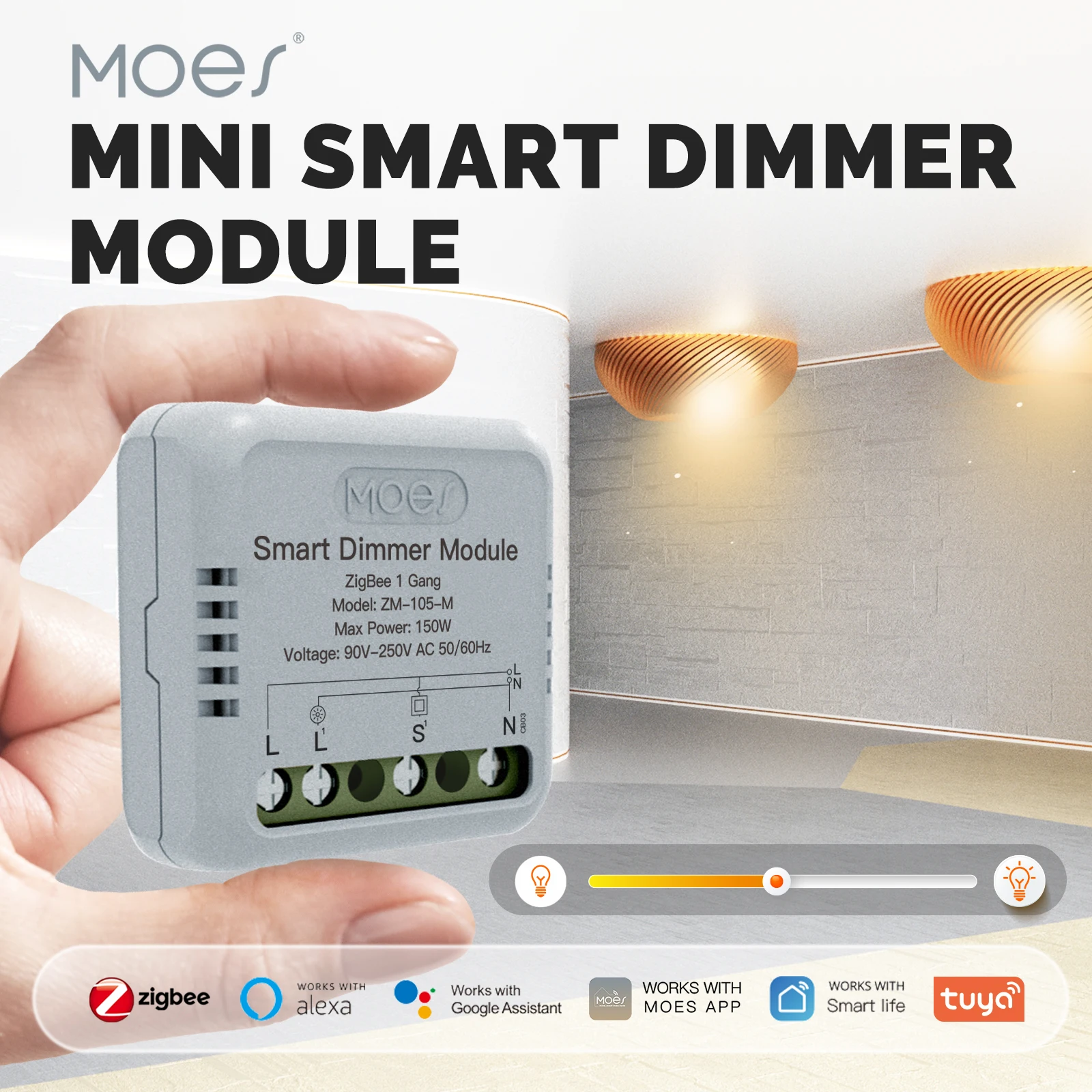 MOES Mini Zigbee Smart Dimmer Module(ZM-105) 150W In‑Wall Timer Voice Control for Tuya Alexa Google Home