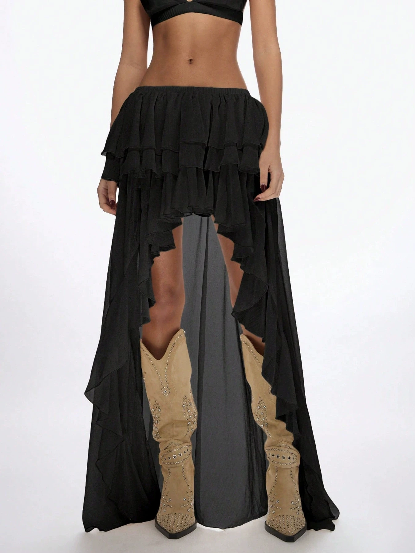 European and American Light Luxury Perspective Chiffon Half length Skirt with High Waist and Irregular Layered Lotus Leaf Edge