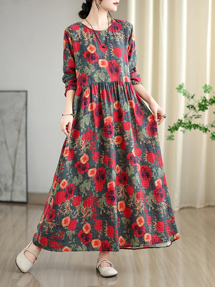 2023 frühling Herbst Neue Langarm Baumwolle Floral Vintage Lange Kleider Für Frauen Casual Lose Elegante Kleid Femme Robe Kleidung