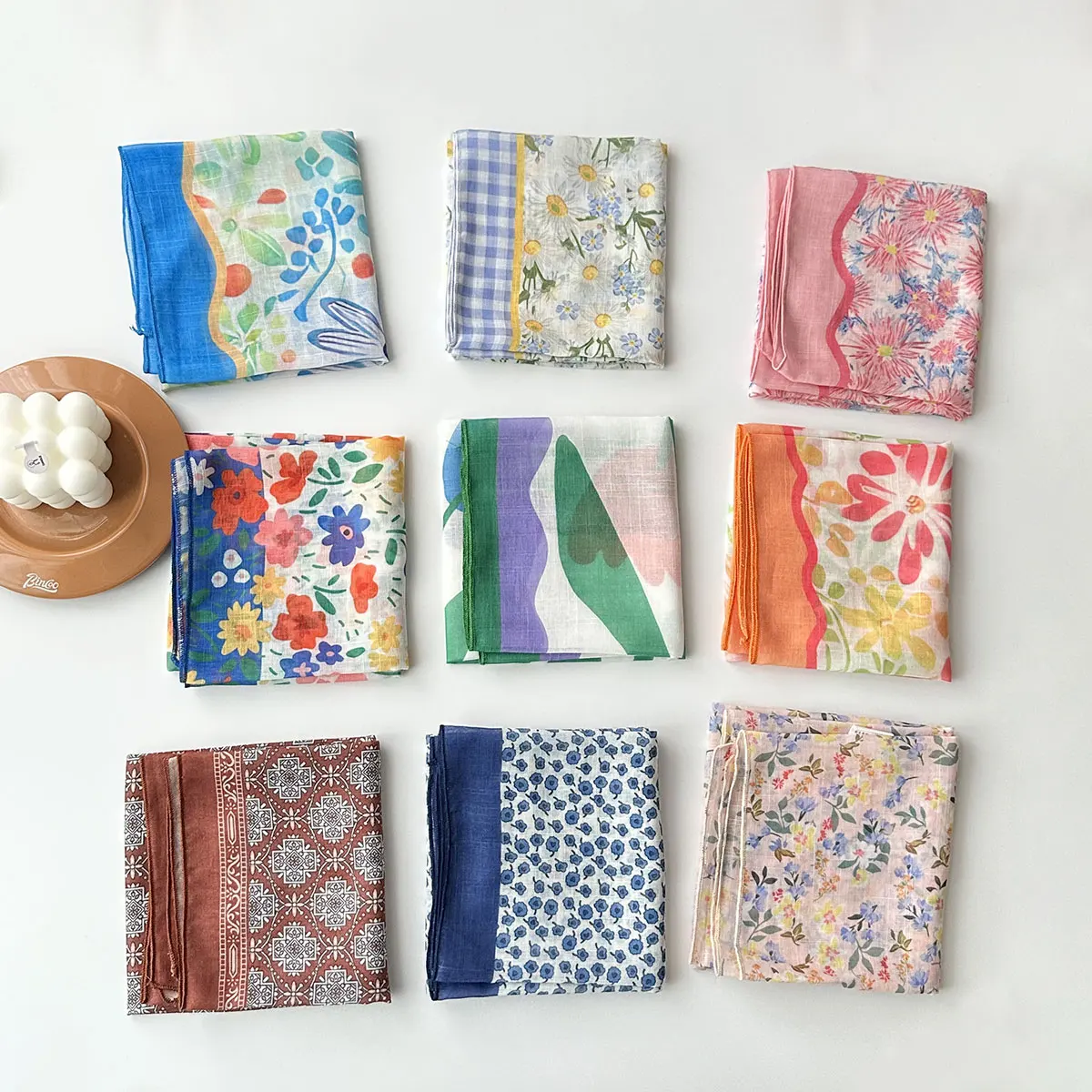 Spring and Summer Floral Polka Dot Soft Small Square Scarf for Women Thin Breathable Decorative Small Scarf Multi-Functional Hair Tying Scarf