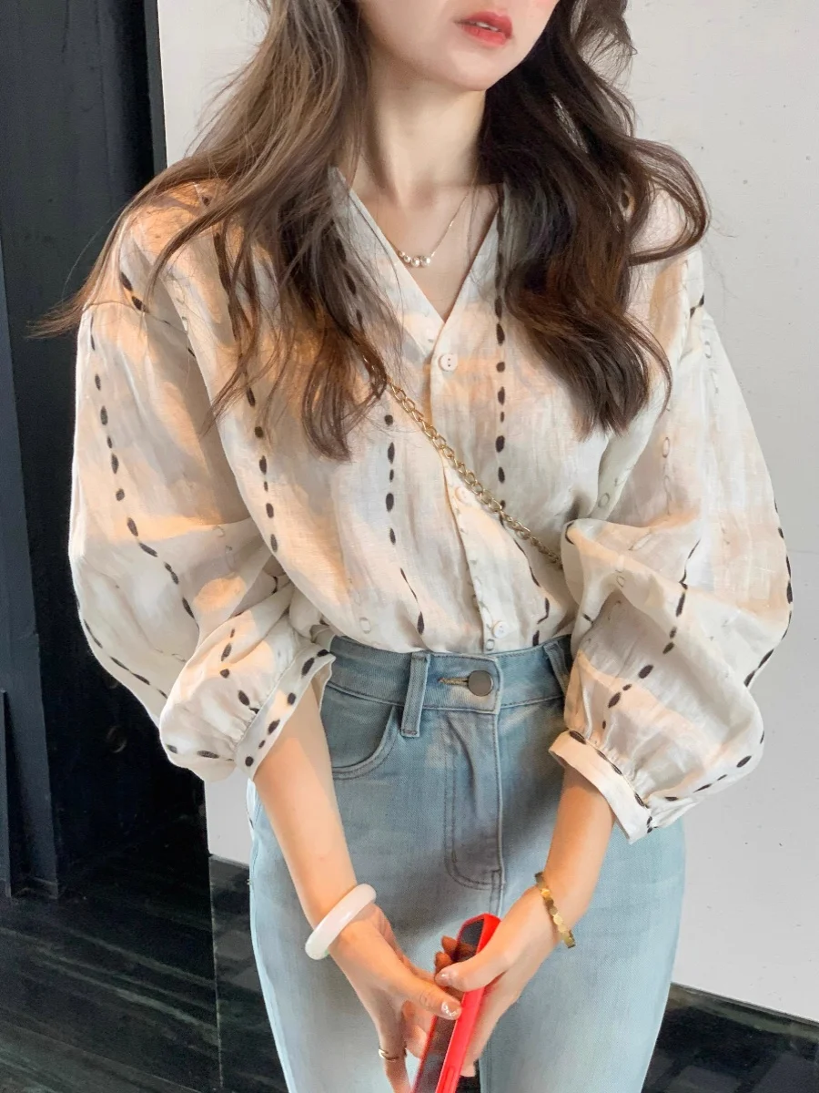 

Ele V-Ne Casual irt Women's Spring Autumn 2025 New Design Sensation Small ence Top Cotton Linen Blend Long Sve