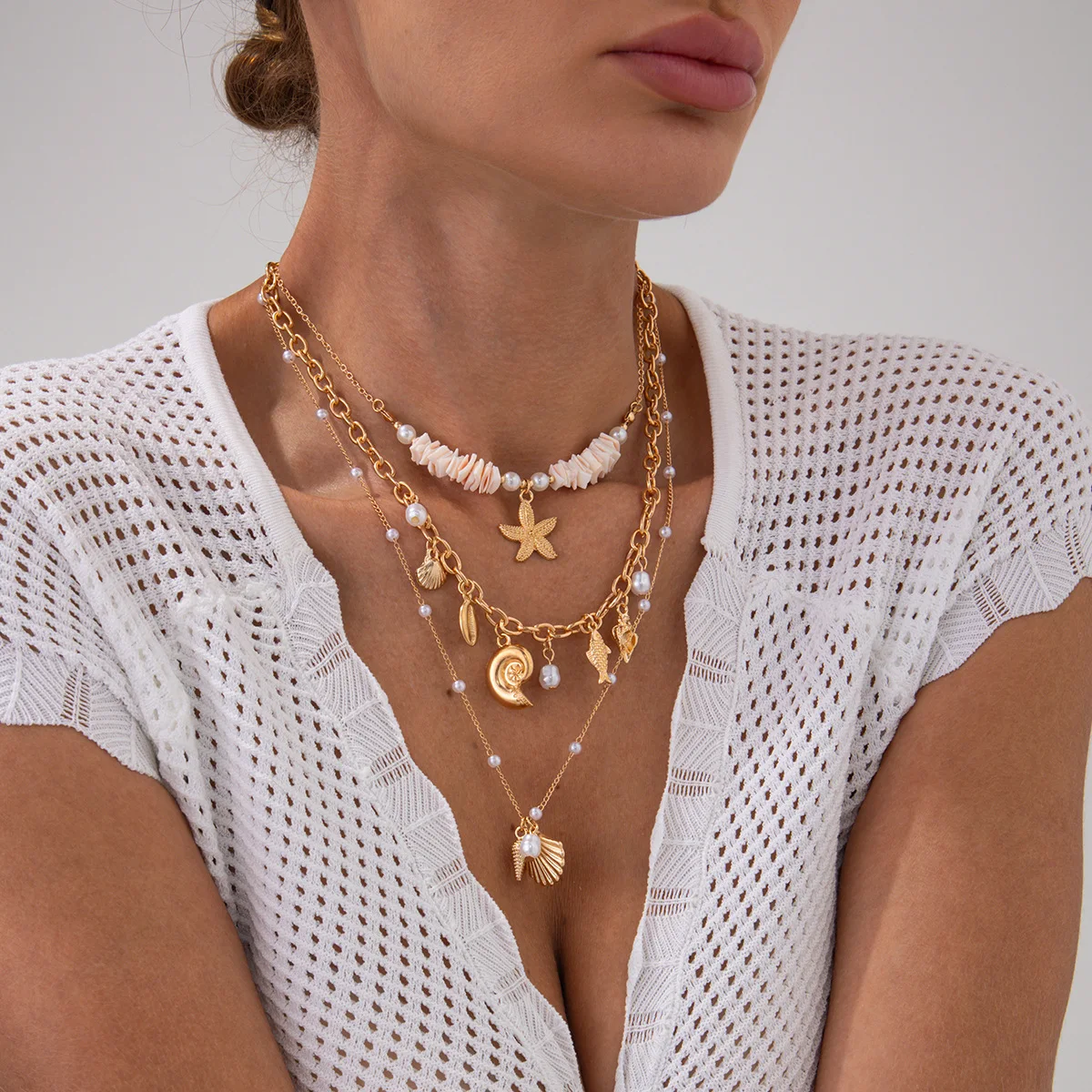 Necklace Stackable Shell Starfish Conch Faux Pearl with Premium Bronze Chain for Women Seaside Holiday Versatile Accessory