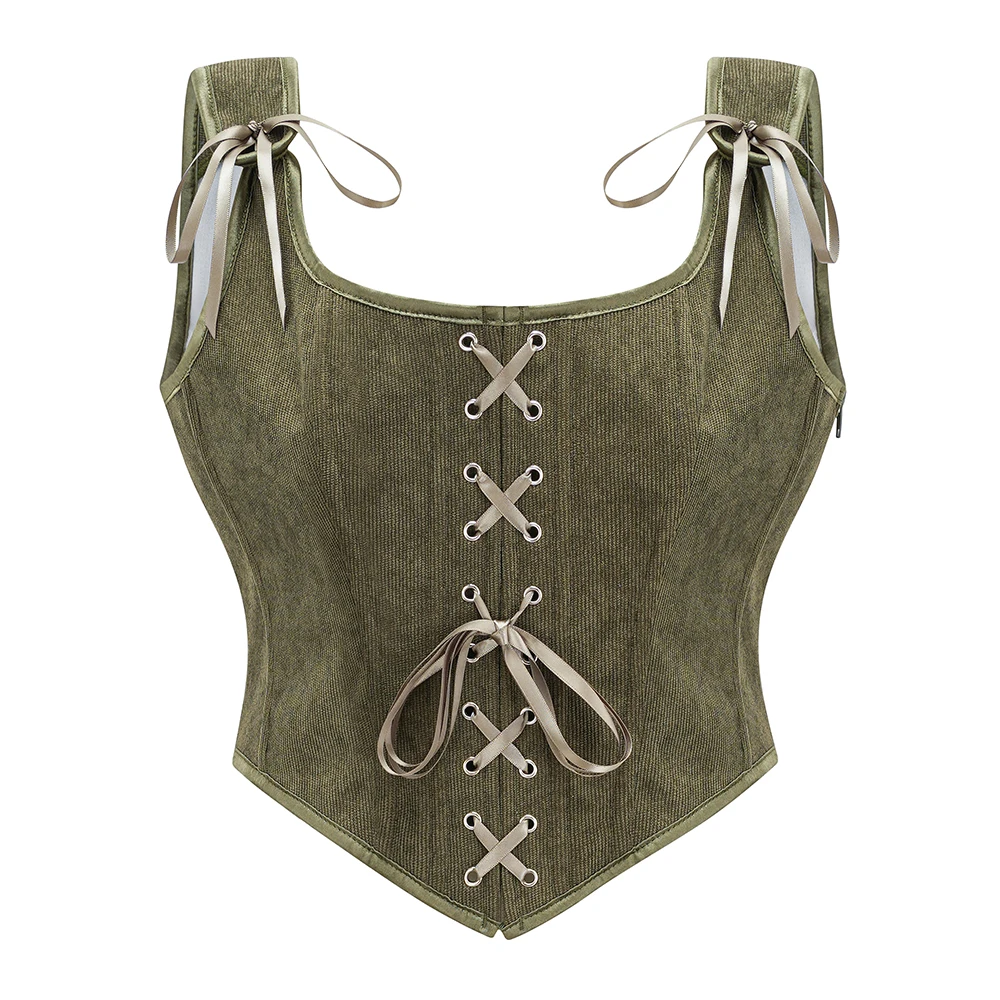 Army Green Victorian Vintage Vest Female Side Zipper& Front Lace Up Tank Top Corset Punk Goth Clothing Sexy Corselet Feminino