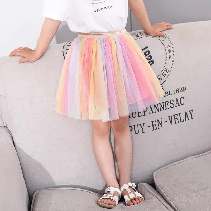 Cute Rainbow Girls Mesh Skirts 2022 Summer New Kids Princess Tutu Skirts Color Stripes Girls Pleated Skirt Gauze Child Miniskirt