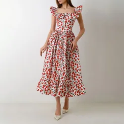 Women Fashion Square Collar Floral Dress Waist Slimming Holiday Puff Sleeve Dress Flower Printed Sleeveless Long Dress