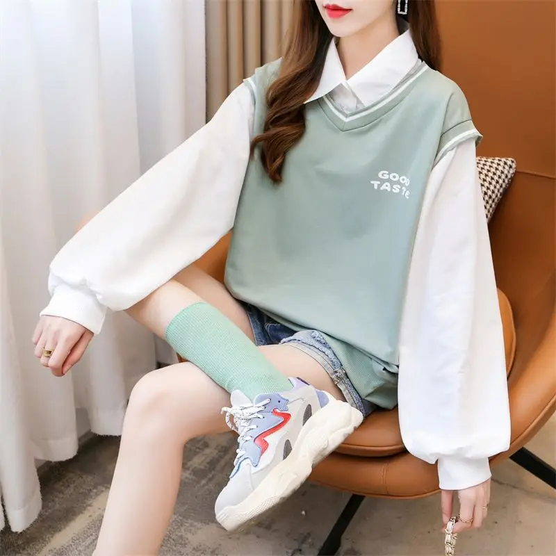 Autumn Long Sleeve Fake Two Pieces Female Casual Korean Printing Turn-down Collar Plaid Sweatshirts All-match Patchwork T-Shirts