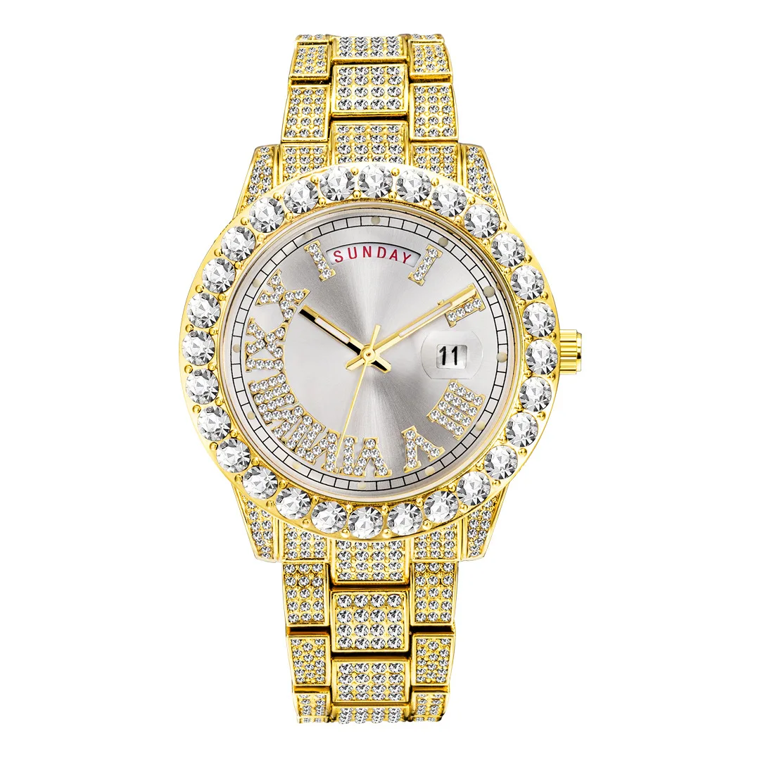 Fashion full diamond hip-hop diamond-encrusted water ghost punk wind calendar watch