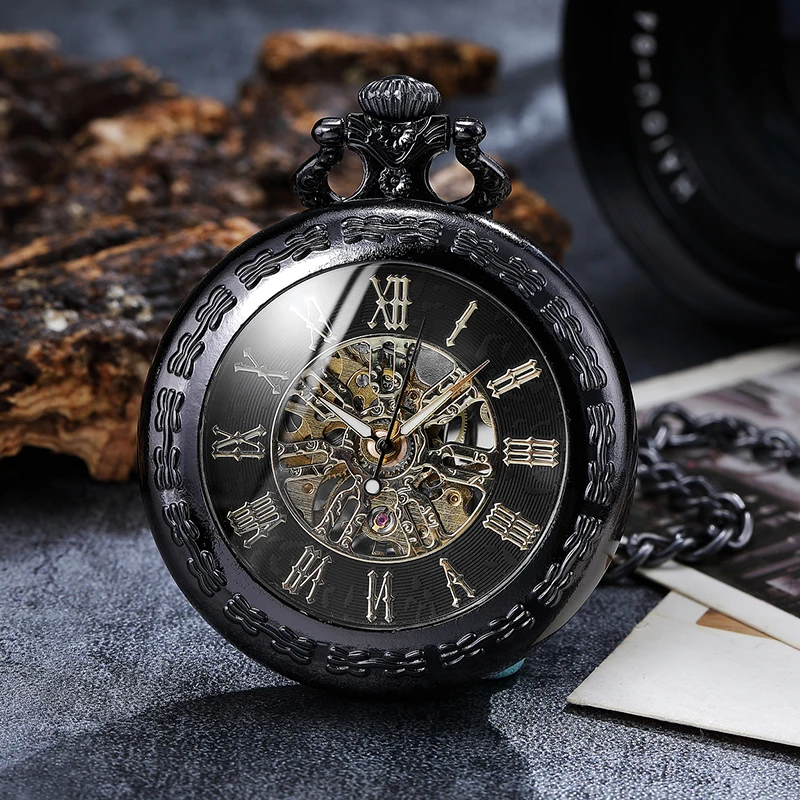 Reloj de bolsillo mecánico Steampunk para hombre y mujer, pulsera de mano con diseño de esqueleto dorado Vintage, números romanos, con cadena,