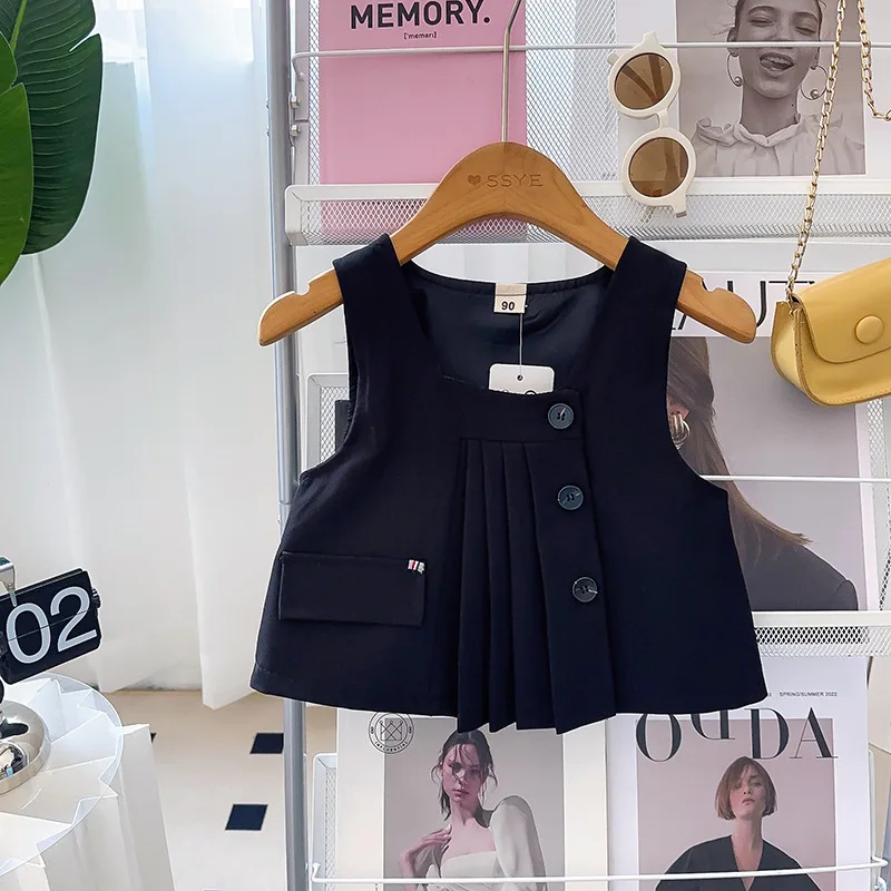 

2024, весенне-осенний новый детский темпераментный однобортный костюм с плиссированной юбкой, детский комплект из двух предметов в стиле преппи