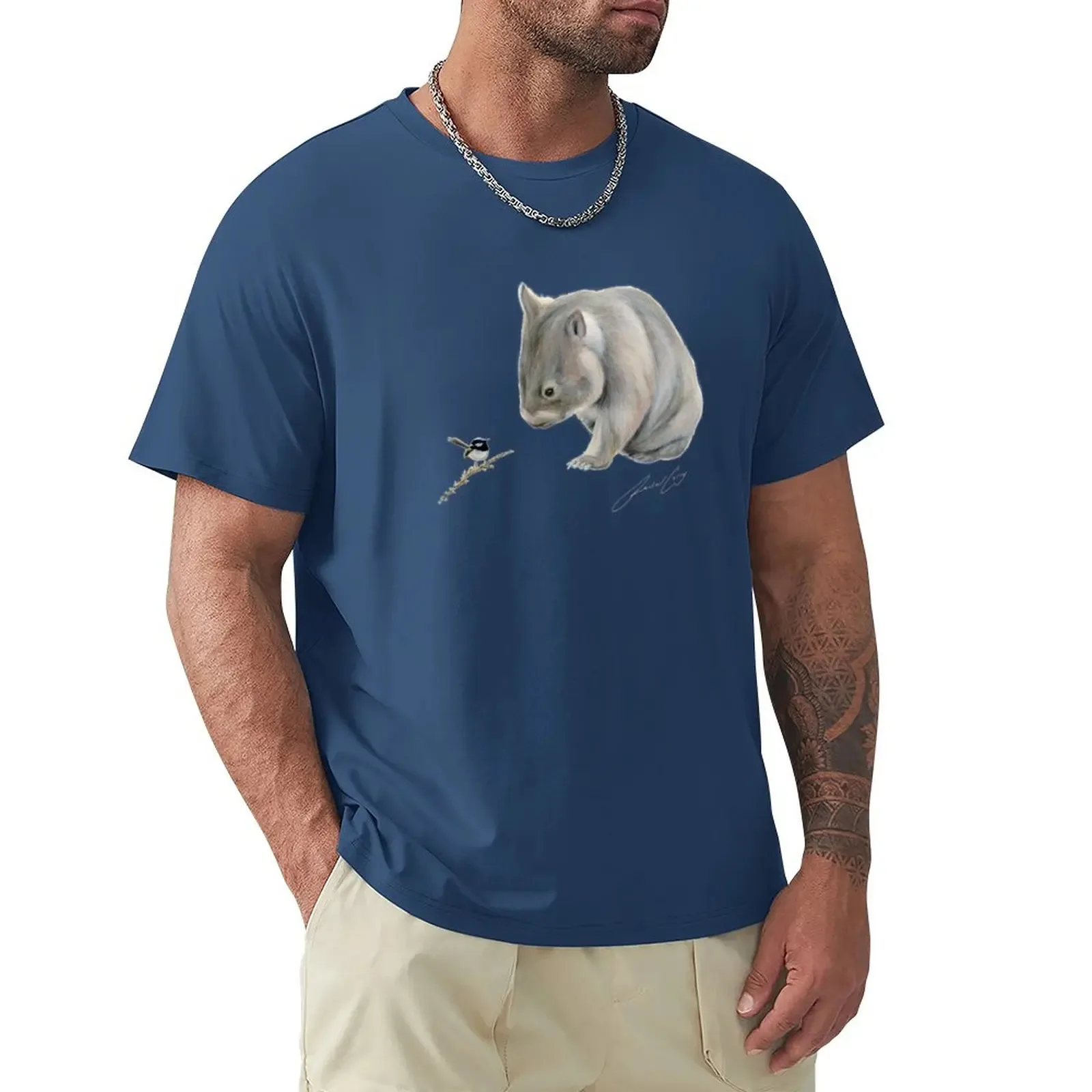 Wombat and Blue Wren Friends with signature. Superb blue fairy wren. T-Shirt vintage t shirt mens plain t shirts