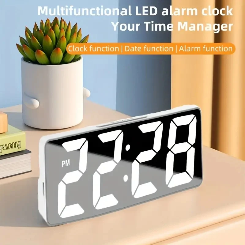 LED Alarm Clock Display Time Temperature Date Voice Control Power Save Function Two Levels Bright Adjustable 12/24 Hours 2024