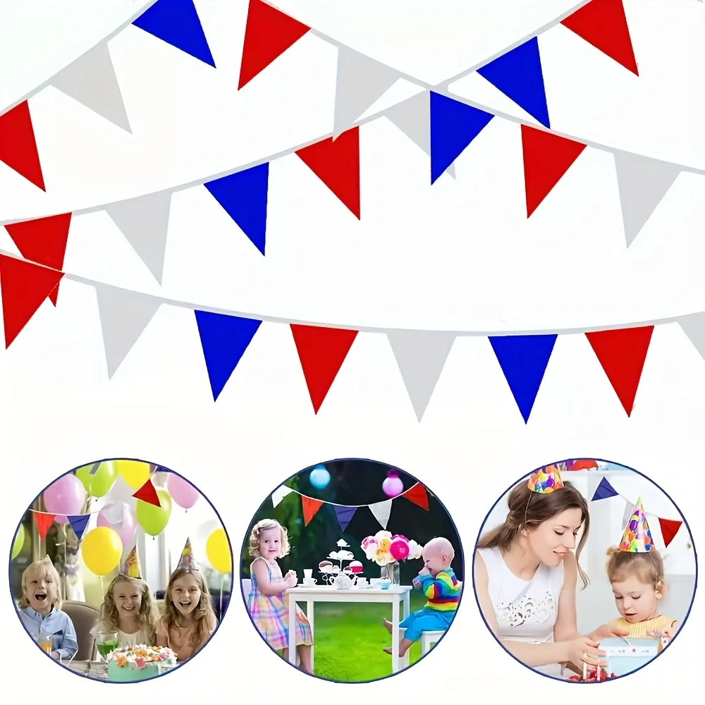10m Rot-Weiß-Blaue Wimpelkette Patriotische Partybanner 20x30cm Dreieckige Wimpelgirlande aus PE-Kunststoff für USA 4. Juli Geburtstag – Detail 2