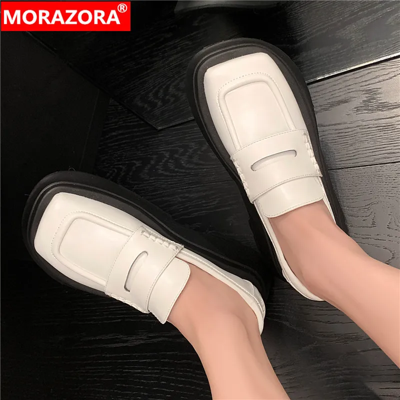 

MORAZORA 2024 New Loafers Genuine Leather Women Pumps Square Med Heels Single Shoes Slip On Spring Ladies Platform Shoes