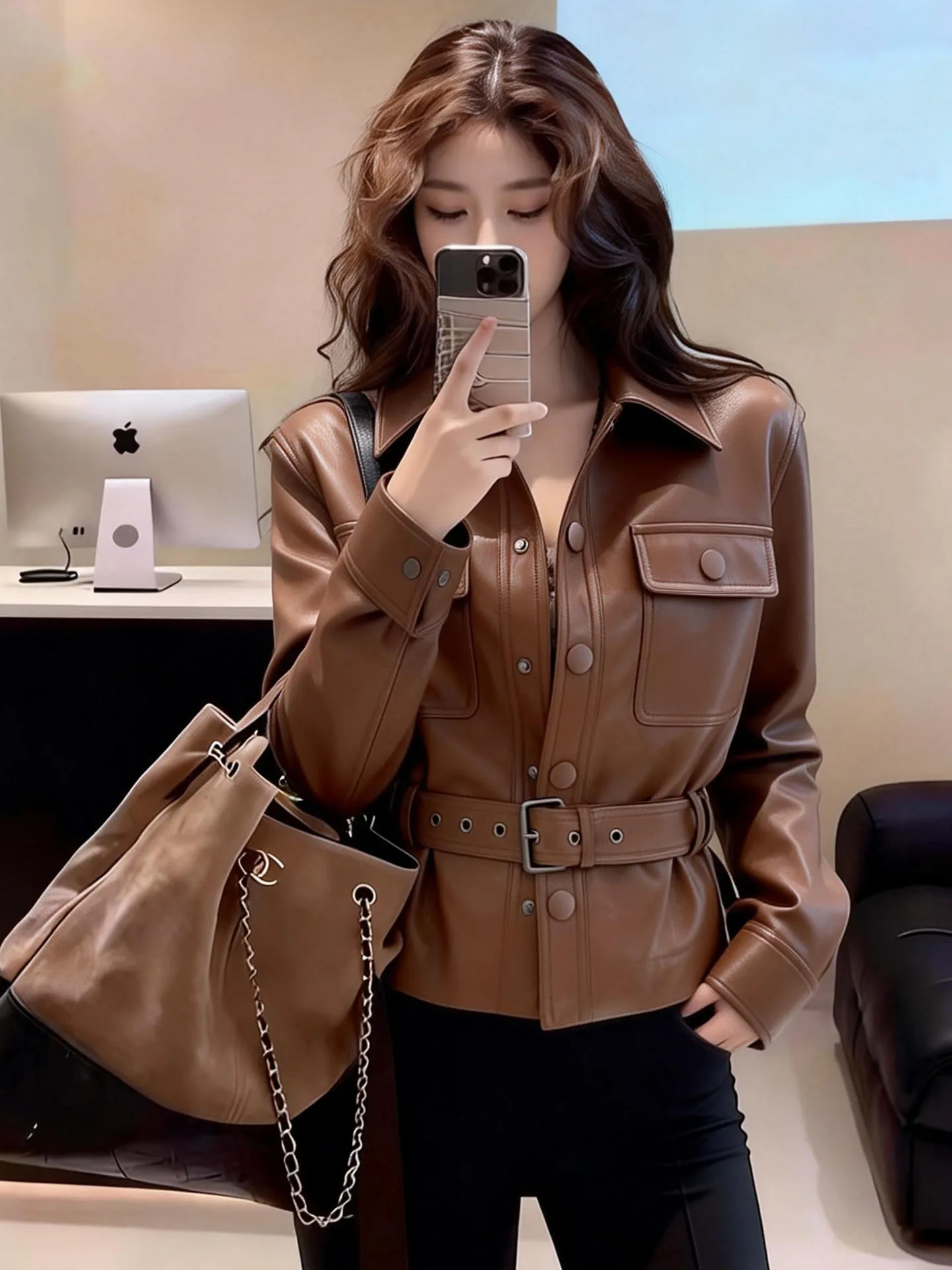 

Женская кожаная куртка Ele ort кофейного цвета с отложным воротником, весна 2026, модная, универсальная, маленького размера, для повседневной носки