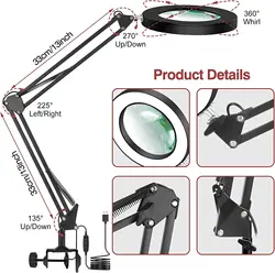 5X USB LED High Definition Magnifying Glass 3 Colors Flexible Desk Large 33cm+33cm Illuminated Magnifier Lamp Loupe