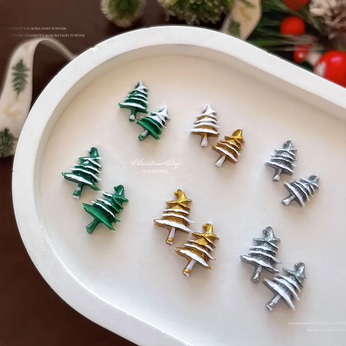 10PCS Golden Silvery Green Christmas Tree Nail Art Flat back Rhinestone Scrapbook Decora DIY Manicure Jewelry Crafts Accessories