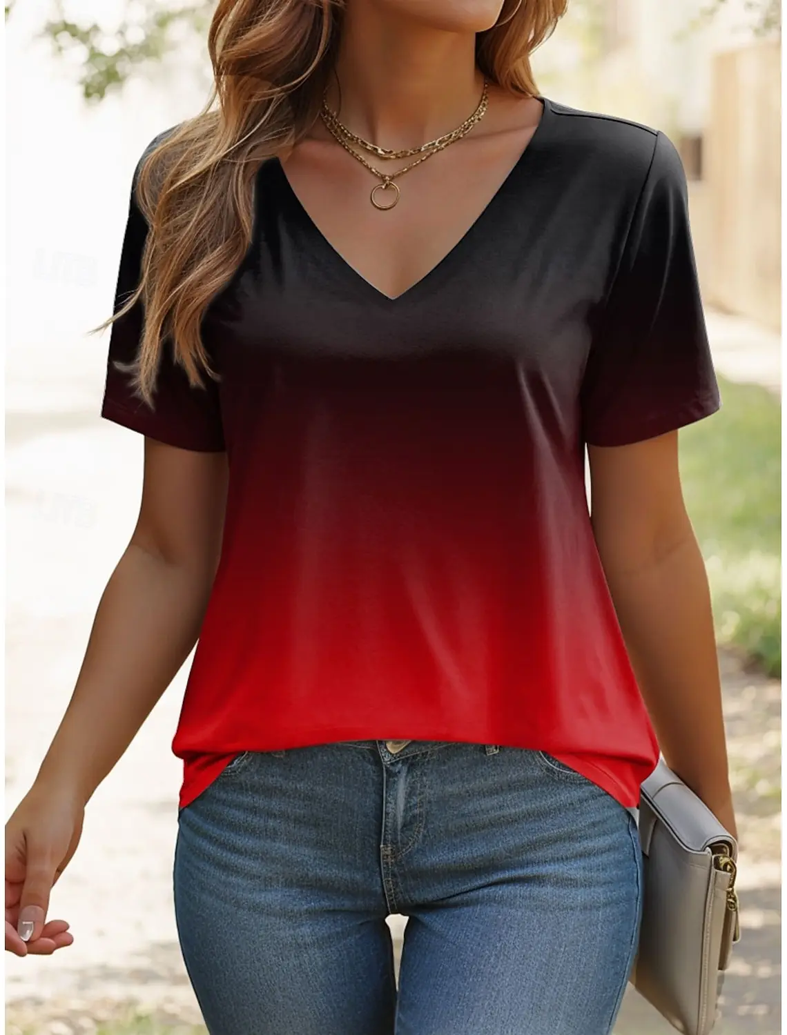 

Женская футболка с рисунком омбре, стильная повседневная футболка с коротким рукавом и v-образным вырезом, обычные топы с повседневным принтом, летние женские модные футболки с градиентом