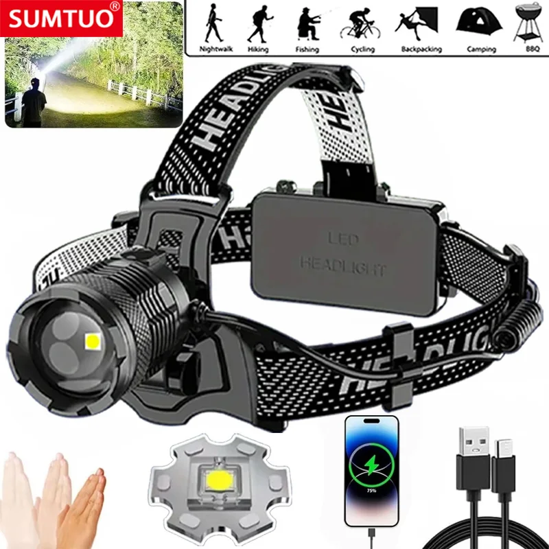 

2024 Newest Powerful LED Headlamp 900W LED IR Sensor Rechargeable Headlight 3500M Super Bright Head Flashlight Fishing Lantern