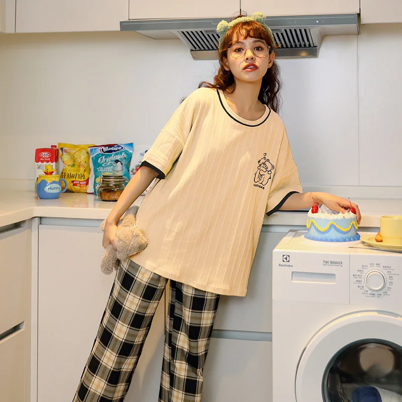 Cotton Sleepwear Women's Autumn Pajama Set Ins Style Pyjama High Short Sleeved Full Pants Home Wear Cartton Bear Print Sleepwear