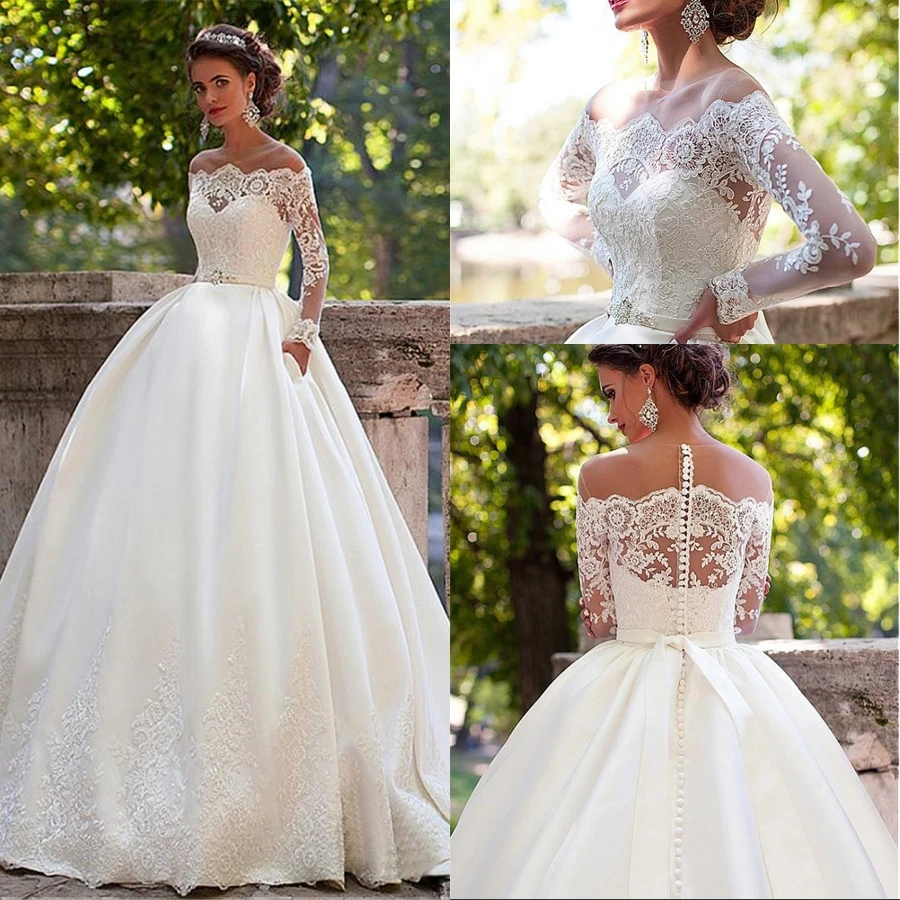 2021 nova o-neck cetim tule com apliques laço varredura trem a linha vestidos de casamento manga longa com bolso vestido de noite